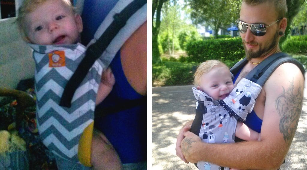 two photos of a dad babywearing his daughter 