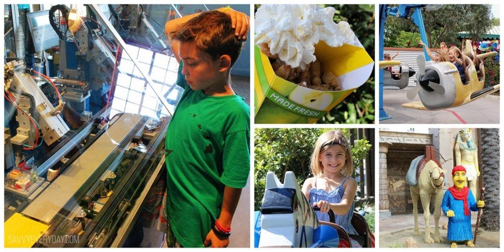 collage of fun rides and food at LEGOLAND