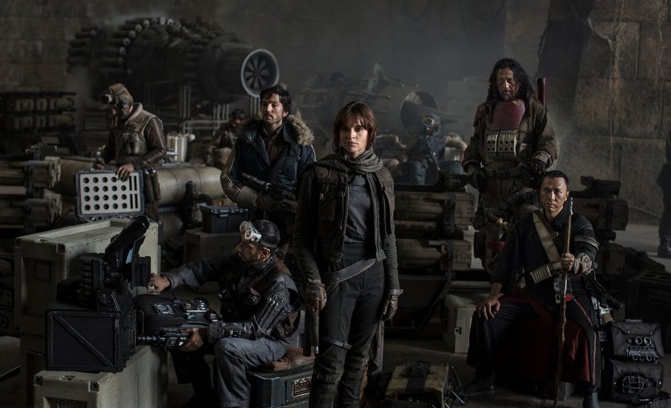 Star Wars: Rogue One Actors (L-R): Riz Ahmed, Diego Luna, Felicity Jones, Jiang Wen and Donnie Yen. Photo Credit: Jonathan Olley/Lucasfilm 2016