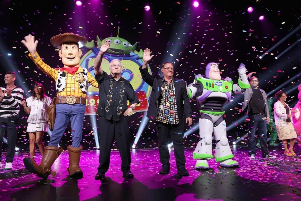 ANAHEIM, CA - AUGUST 14: Composer Randy Newman of TOY STORY 1, 2 and 3 and director John Lasseter of TOY STORY 4 (C) took part today in "Pixar and Walt Disney Animation Studios: The Upcoming Films" presentation at Disney's D23 EXPO 2015 in Anaheim, Calif. (Photo by Jesse Grant/Getty Images for Disney) *** Local Caption *** Randy Newman; John Lasseter; Will McCormack; Rashida Jones; Galyn Susman; Josh Cooley