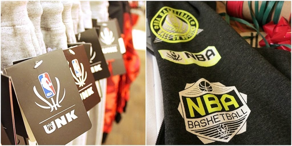Collage showing close up of pants on a store rack and the reflective badges on the NBA Reflective Collection jacket