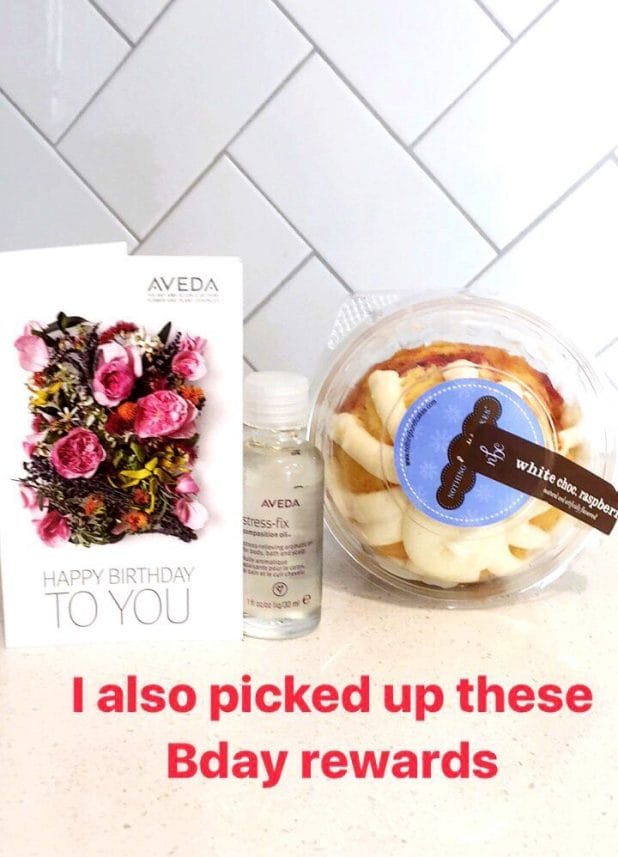 birthday reward gifts from AVEDA and Nothing Bundt Cakes