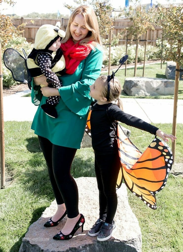 kids in butterfly and bee costumes standing and mom in flower costume on rock