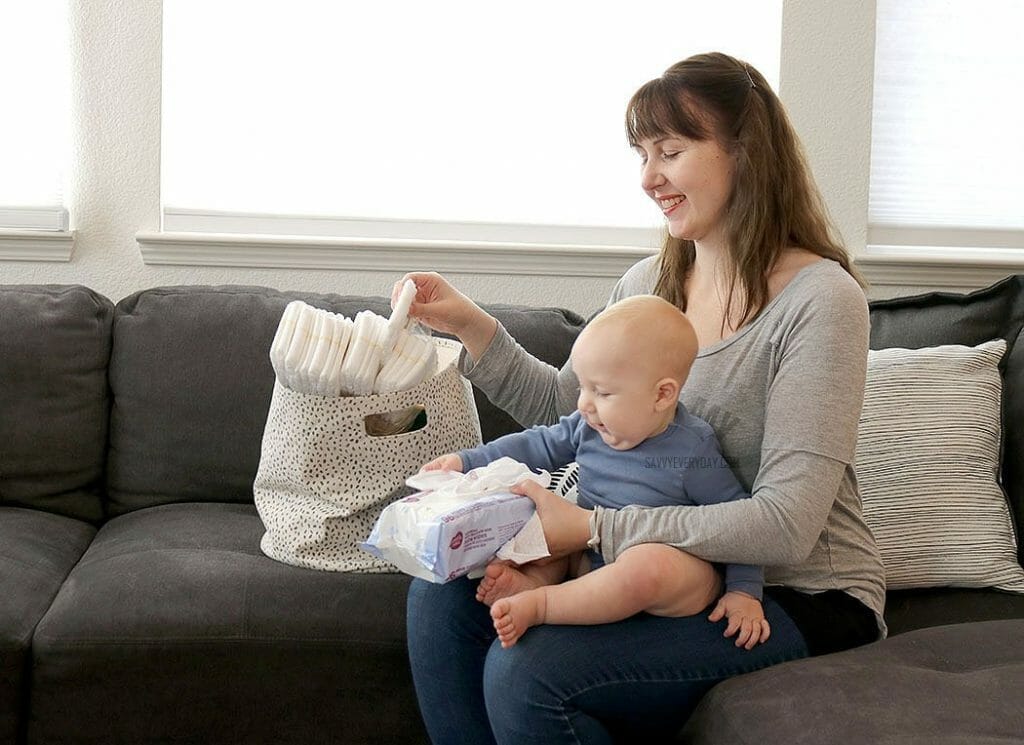 changing diaper in living room