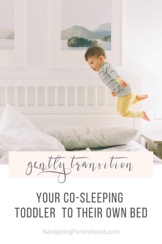 A Pinterest image of a boy jumping on a bed with the post title over it