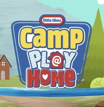 camp play at home sign with illustrated forest trees and cabin in the background