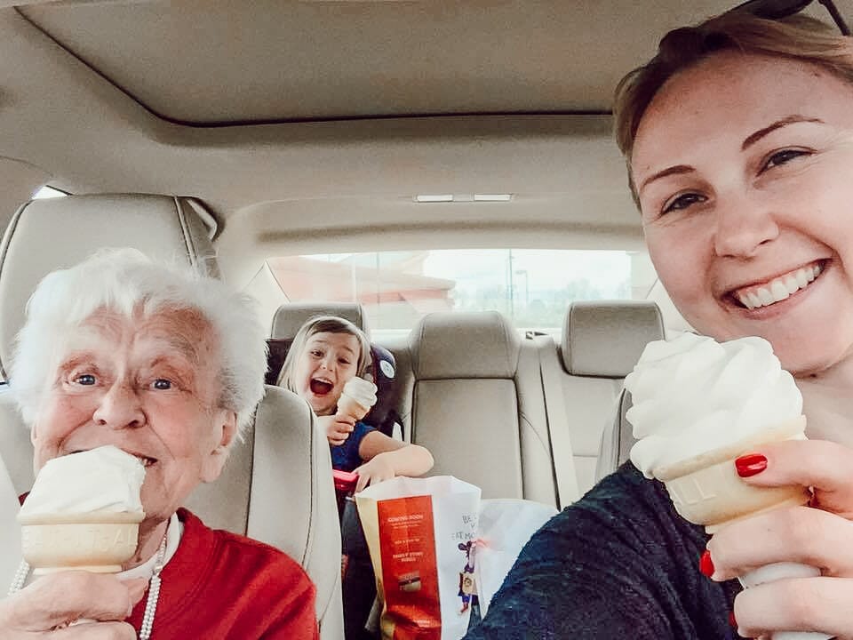 grandma and granddaughter with ice cream cones