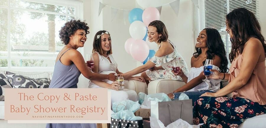 Baby Registry Gift Guide women enjoying drinks and laughing at a baby shower with "The Copy & Paste Baby Registry" title over top the image.