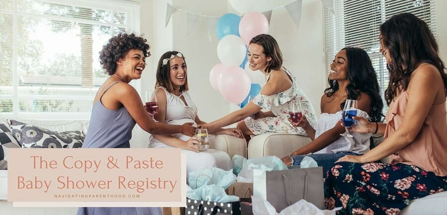 women enjoying drinks and laughing at a baby shower with "The Copy & Paste Baby Registry" title over top the image.