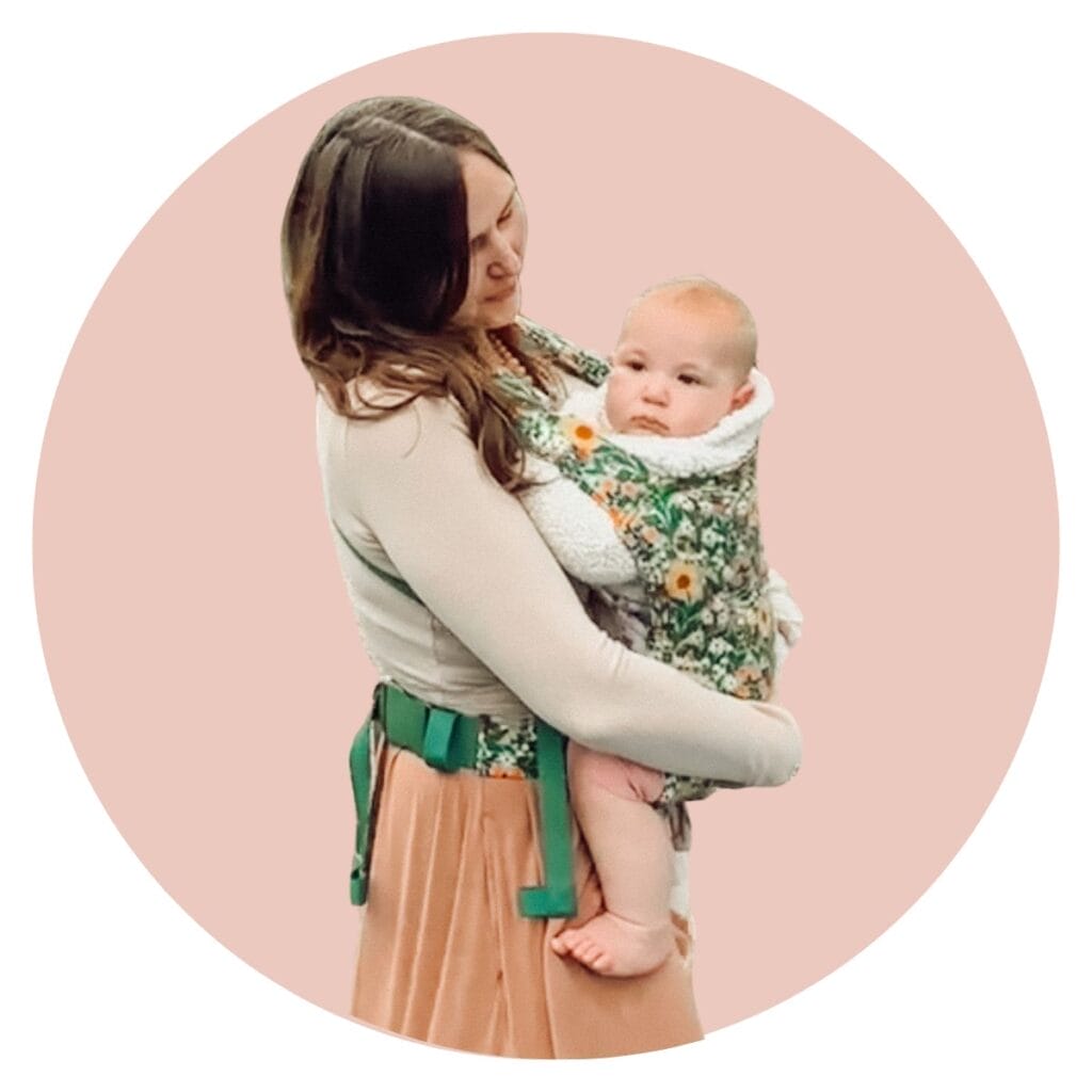 Shari wearing the Hope and Plum Lark carrier for Mother's Day